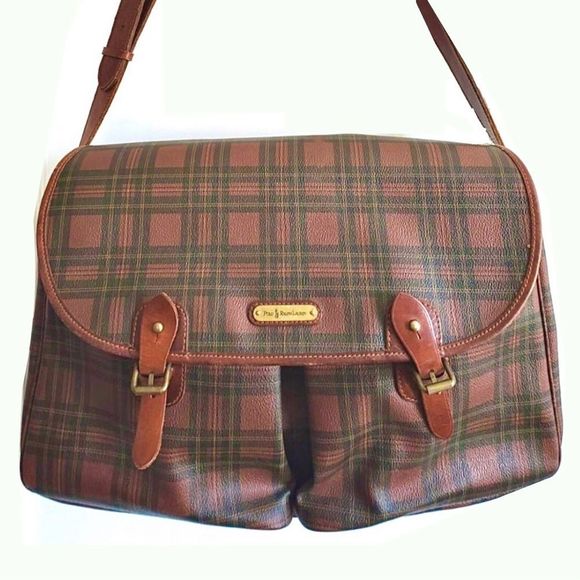MRALPH LAUREN Tartan Plaid Brown Green Crossbody Messenger Laptop Carry-On Bag - Picture 17 of 17